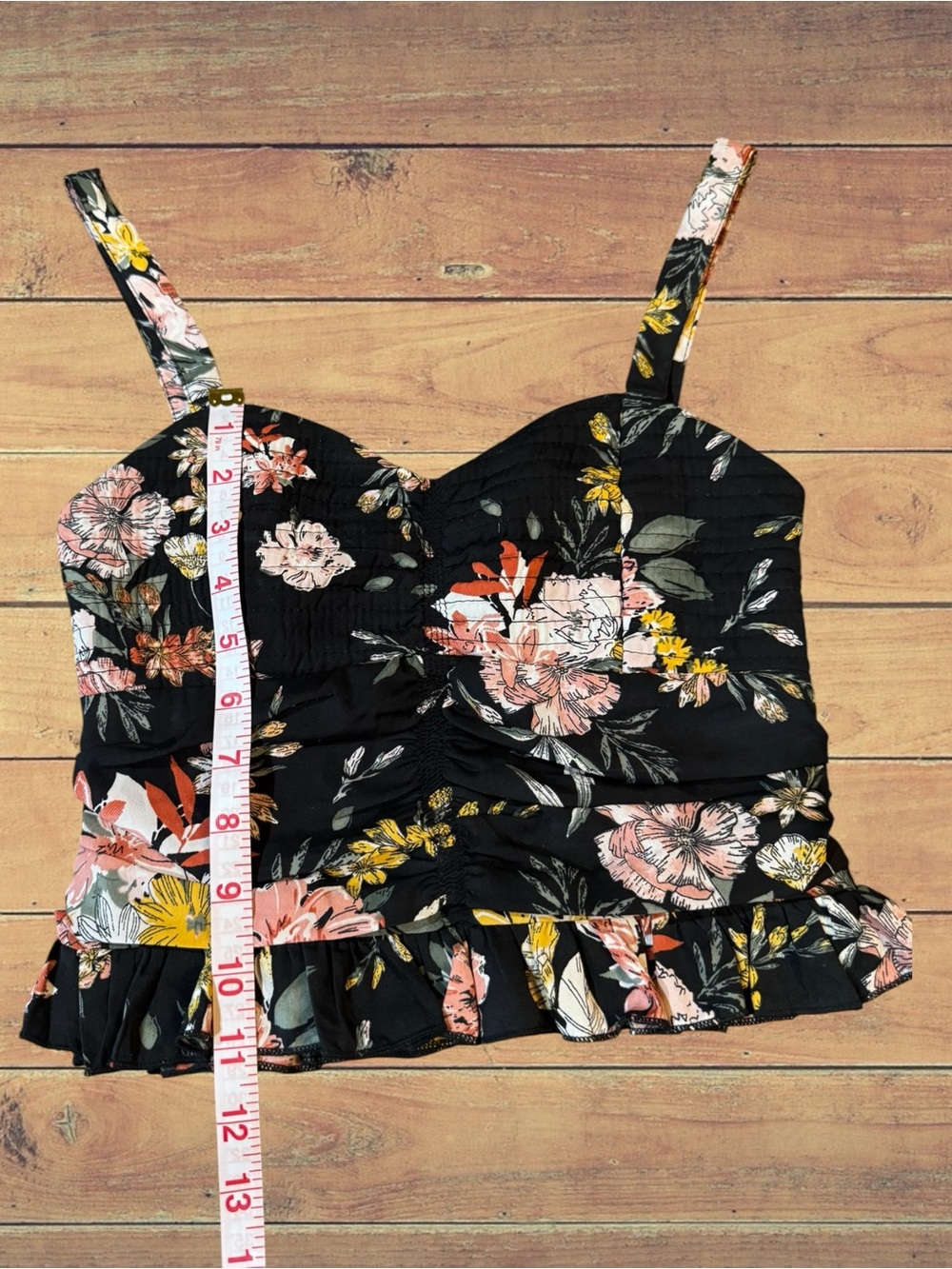 B.O.G. Collective Smocked Floral Ruffle Crop Top Camisole Black Pink XS - Picture 4 of 9